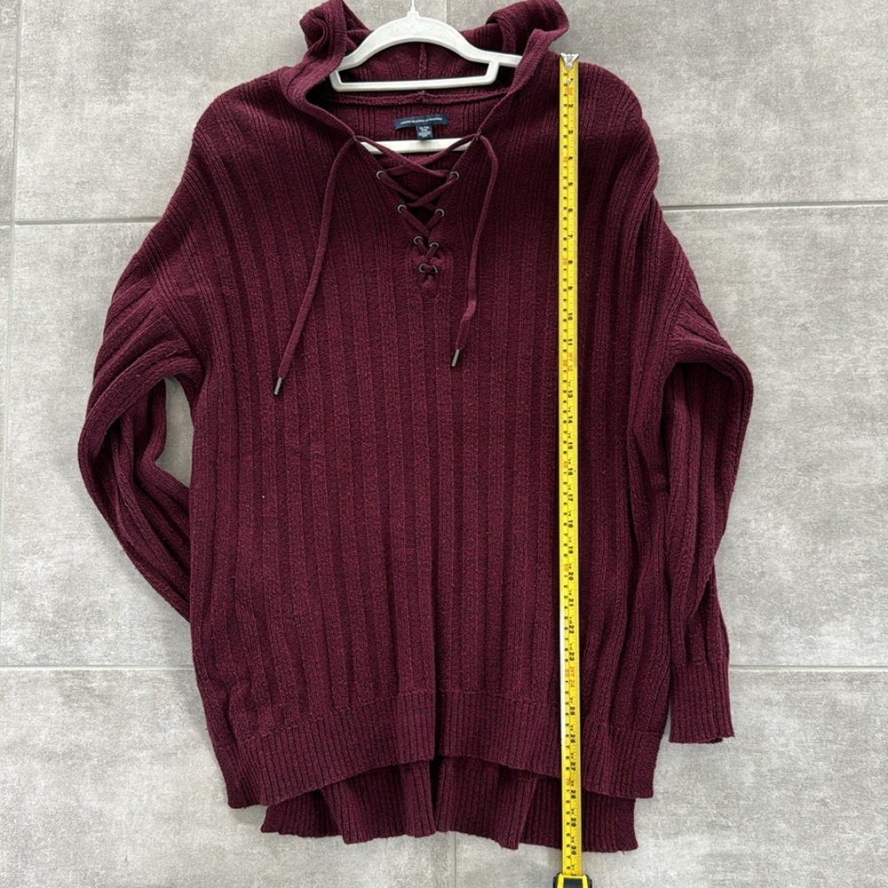 American Eagle Outfitters Burgundy Pullover Hooded Sweater-Lace-Up V-Neck - XL - Picture 9 of 10